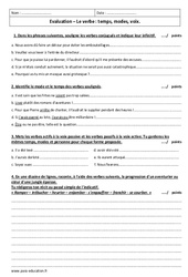 Temps, modes, voix - Examen Contrôle  sur le verbe : 1ere Secondaire - PDF à imprimer