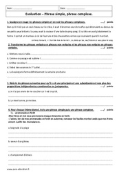 Phrase simple - Phrase complexe - Examen Evaluation : 1ere Secondaire - PDF à imprimer