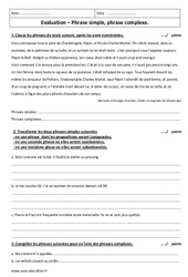 Phrase complexe - Phrase simple - Examen Contrôle : 1ere Secondaire - PDF à imprimer