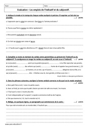 Emplois de l'indicatif et du subjonctif - Examen Evaluation : 1ere Secondaire - PDF à imprimer