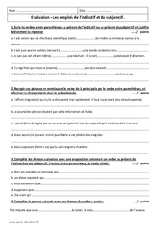 Indicatif - Subjonctif - Examen Contrôle sur les emplois : 1ere Secondaire - PDF à imprimer