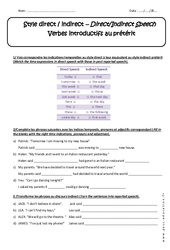 Verbes introductifs au prétérit - Style direct et indirect - Exercices : 3eme Secondaire - PDF à imprimer