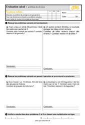Problèmes de division - Examen Evaluation : 3eme Primaire - PDF à imprimer
