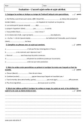 Sujet - attribut - Accord sujet - verbe - Examen Evaluation : 1ere Secondaire - PDF à imprimer