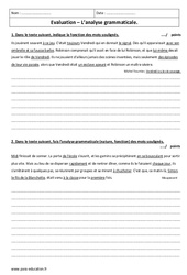 Analyse grammaticale - Examen Evaluation  : 1ere Secondaire - PDF à imprimer