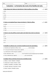 Formation des mots - Famille de mots - Examen Contrôle : 1ere Secondaire - PDF à imprimer