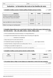 Famille de mots - Formation des mots - Examen Evaluation : 1ere Secondaire - PDF à imprimer