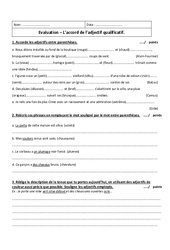 Accord - Adjectif qualificatif - Examen Evaluation : 1ere Secondaire - PDF à imprimer
