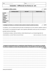 Différencier les formes en - ant - Examen Contrôle - Participe présent : 1ere Secondaire - PDF à imprimer