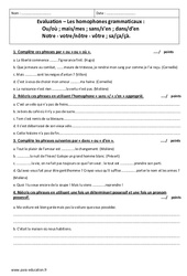 Homophones grammaticaux - Examen Contrôle : 1ere Secondaire - PDF à imprimer