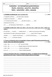 Homophones grammaticaux - Examen Evaluation - Bilan : 1ere Secondaire - PDF à imprimer