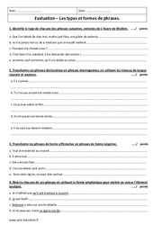 Types et formes de phrases - Examen Contrôle : 2eme Secondaire - PDF à imprimer