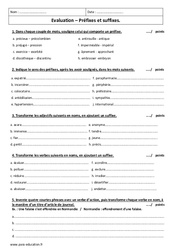 Préfixes - Suffixes - Examen Contrôle : 2eme Secondaire - PDF à imprimer