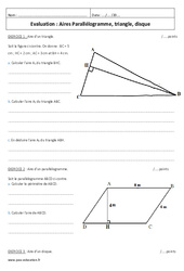 Aires - Examen Contrôle - Parallélogramme, triangle, disque : 1ere Secondaire - PDF à imprimer