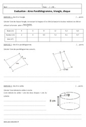 Parallélogramme, triangle, disque - Examen Evaluation sur les aires : 1ere Secondaire - PDF à imprimer
