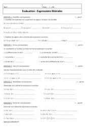Expressions littérales - Examen Contrôle : 1ere Secondaire - PDF à imprimer