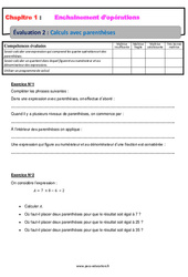 Calculs avec parenthèses - Examen Evaluation, bilan, contrôle avec la correction - Enchaînements d’opérations : 1ere Secondaire
