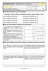 Problèmes sur les 4 opérations - Examen Evaluation : 3eme Primaire - PDF à imprimer
