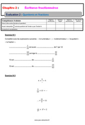Quotients et fractions - Examen Evaluation, bilan, contrôle avec la correction - Écritures fractionnaires : 1ere Secondaire - PDF à imprimer