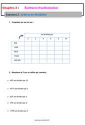 Critères de divisibilité - Révisions - Exercices avec correction - Écritures fractionnaires : 1ere Secondaire - PDF à imprimer