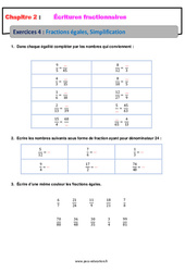 Fractions égales, simplification - Révisions - Exercices avec correction - Écritures fractionnaires : 1ere Secondaire
