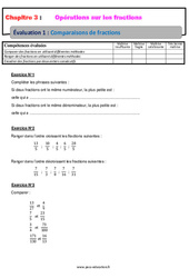 Comparaison de fractions - Examen Evaluation, bilan, contrôle avec la correction : 1ere Secondaire