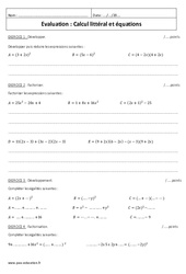Calcul littéral et équations - Examen Contrôle : 3eme Secondaire - PDF à imprimer