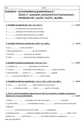 Homophones grammaticaux - Examen Contrôle  : 2eme Secondaire - PDF à imprimer