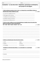 Polysémie, synonymes et antonymes, sens propre et sens figuré - Examen Evaluation : 2eme Secondaire - PDF à imprimer