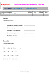 Soustraction de nombres relatifs - Examen Evaluation, bilan, contrôle avec la correction : 1ere Secondaire
