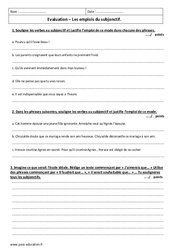 Emplois du subjonctif - Examen Contrôle : 2eme Secondaire - PDF à imprimer