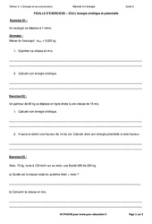L’énergie cinétique et potentielle - Exercices avec les corrections : 3eme Secondaire - PDF à imprimer