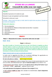 Séquence - Fiche de préparation L'accord du verbe avec son sujet - Étude de la langue - Séquence - Fiche de préparation : 3eme Primaire - PDF à imprimer