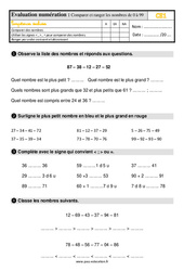 Comparer et ranger les nombres de 0 à 99 - Évaluation, bilan : 2eme Primaire - PDF à imprimer