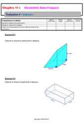 Volumes - Géométrie dans l’espace - Examen Evaluation, bilan, contrôle avec la correction : 1ere Secondaire - PDF à imprimer