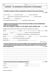 Prépositions, interjections et onomatopées - Examen Contrôle  : 2eme Secondaire - PDF à imprimer