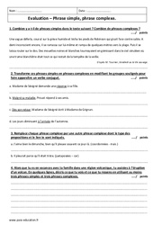 Phrase complexe - Phrase simple - Examen Evaluation avec le corrigé : 2eme Secondaire - PDF à imprimer