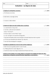 Figures de style - Examen Contrôle  : 3eme Secondaire - PDF à imprimer