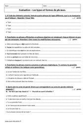 Types et formes de phrases - Examen Contrôle  : 3eme Secondaire - PDF à imprimer