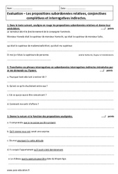 Propositions subordonnées - Examen Contrôle  : 3eme Secondaire - PDF à imprimer