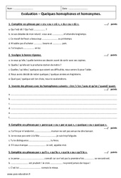 Homophones - Homonymes - Examen Contrôle avec le corrigé : 3eme Secondaire - PDF à imprimer