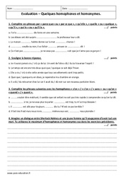 Homonymes - Homophones - Examen Evaluation  : 3eme Secondaire - PDF à imprimer