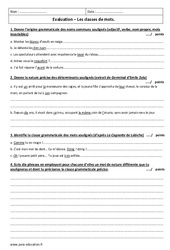 Classes de mots - Examen Evaluation  : 3eme Secondaire - PDF à imprimer