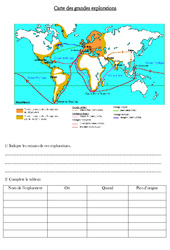 Carte des grandes explorations - Exercices - Les temps modernes : 4eme Primaire - PDF à imprimer