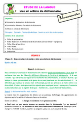 Séquence - Fiche de préparation Lire un article de dictionnaire - Étude de la langue - Séquence - Fiche de préparation : 3eme Primaire - PDF à imprimer