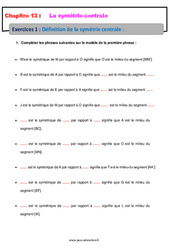 Définition de la symétrie centrale - Exercices avec les corrections : 1ere Secondaire - PDF à imprimer