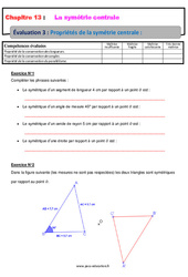 Propriétés de la symétrie centrale - Examen Evaluation, bilan, contrôle avec la correction : 1ere Secondaire - PDF à imprimer