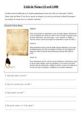 L'Edit de Nantes - Exercices - Les temps Modernes - : 4eme Primaire - PDF à imprimer