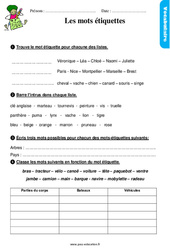 Les mots étiquettes - Étude de la langue - Exercices avec les corrigés : 2eme Primaire - PDF à imprimer