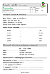 Les synonymes - Étude de la langue - Examen Evaluation avec la correction : 2eme Primaire - PDF à imprimer